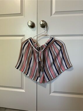 High Waist Striped Tie-Front Shorts - Pink, Navy & Tan